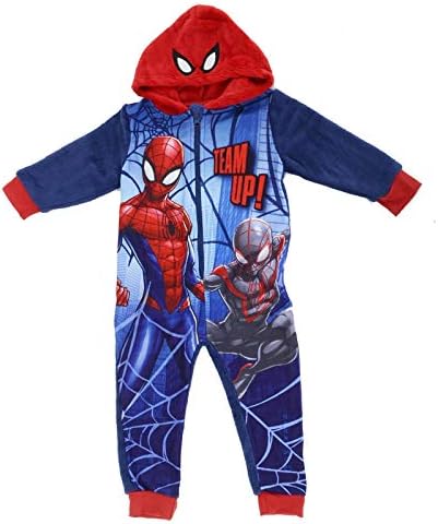 Marvel Spiderman Childs All in One Hooded Sleepwear Suit Soft Blue Red Fleece Spidey Character Print Kids Long Sleeve Pyjamas PJs