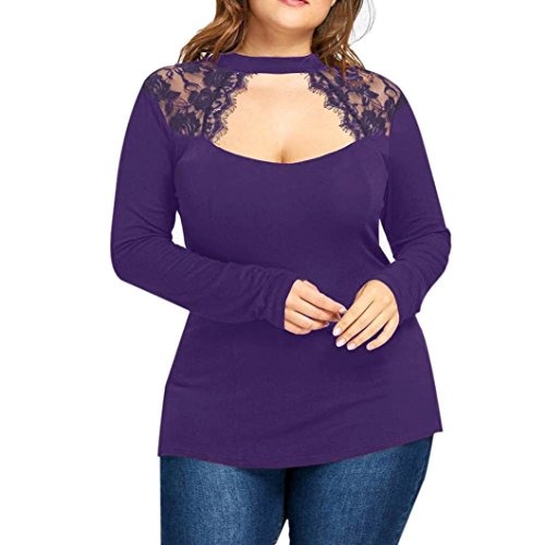 Womens Elegant Floral Lace Splicing Blouse Tops Choker Low Cut Tunic Shirts Plus Size (Purple, XL)