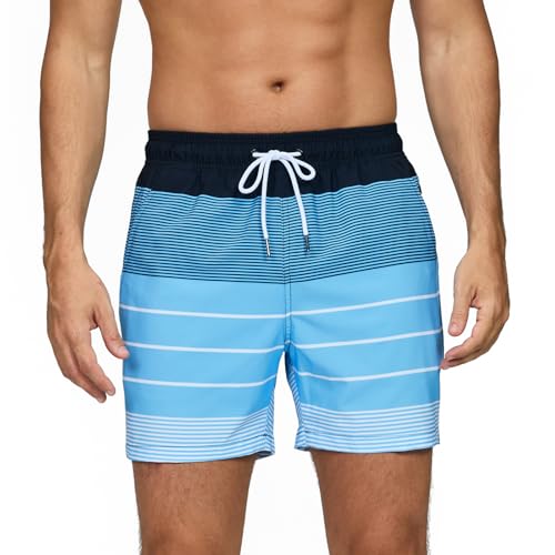 Bañador Hombre Secado Rapido Respirable Traje de Baño Estampado Ligero Boxer Calzones Bano para Natacion Playa Surf de Bolsillo con Cremallera Rayas Azules y Blancas L