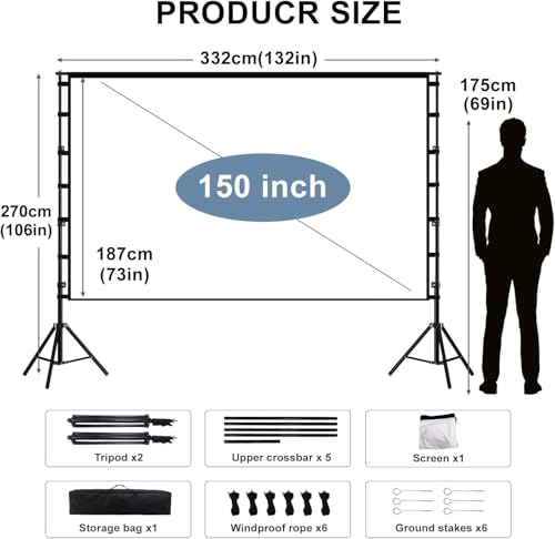 Hcosmy Projector Screen with Stand,100/120/150 inch Outdoor Projector Screen Portable Indoor Projection Screen 16:9 4K Rear Front Movie Screen with Carry Bag for Home Backyard Theater (150 inch)