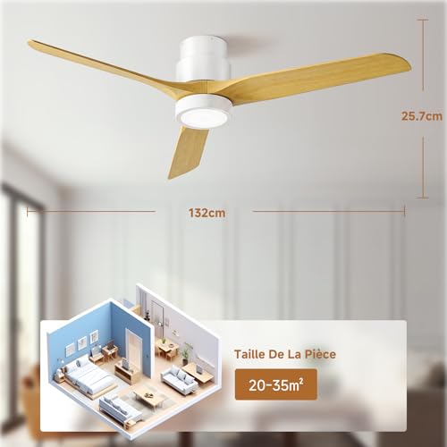 Ateroll Ventilateur de Plafond 3 Pales en ABS Ø132cm, Ventilateur Plafond Moderne 3 Températures LED (3000K-6500K), Télécommande Dimmable 6 Vitesses & Minuterie pour Chambre, Salon & Balcon