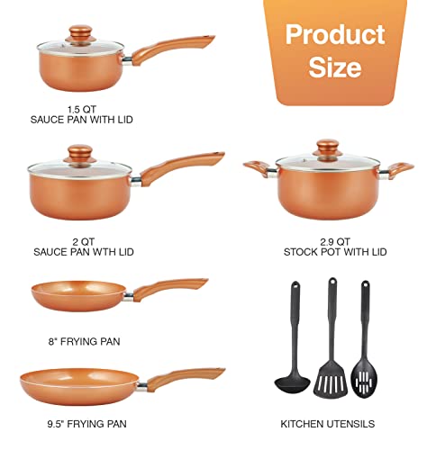 Pots and Pans Set, Nonstick Cookware Set with Ceramic Coating, Copper Pots and Pans set, 11 Piece Cookware with Kitchen Utensils, Gas/Induction Compatible
