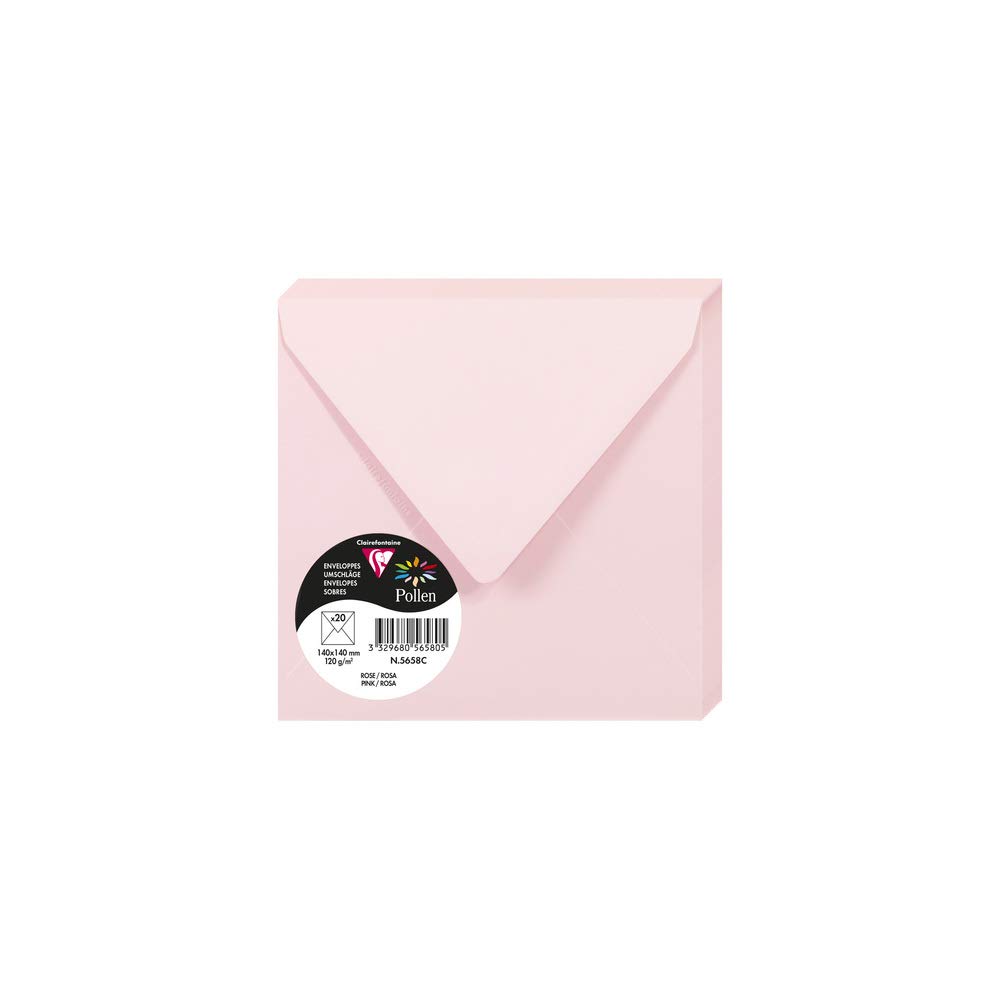 Clairefontaine 5658C Pack of 20 Gummed Envelopes Square Format 14x14cm 120g/m² Pink Invitation Events and Correspondence Pollen Range - Premium Smooth Paper