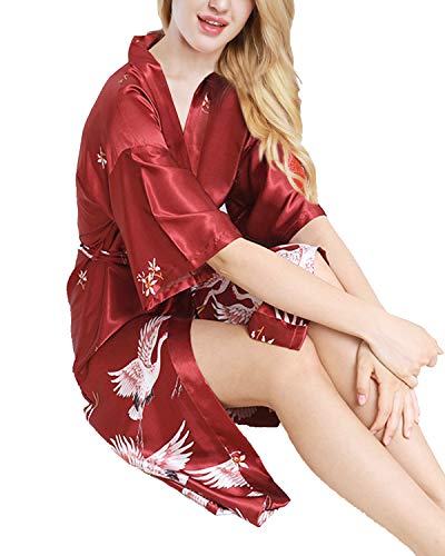 ETAOLINE Womens Satin Kimono Robe Printed Bathrobes Bridal Dressing Gown