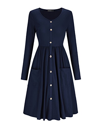 OUGES Women's Long Sleeve V Neck Button Down Midi Skater Dress with Pockets(Navy,XL)