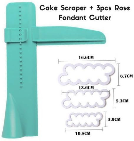 Azucar Genuine Adjustable Cake Scraper Smoother Polisher Icing Leveler with 3PCS Rose Flower cutter mold for Decorating Cake Fondant cutter Set of 3 molds