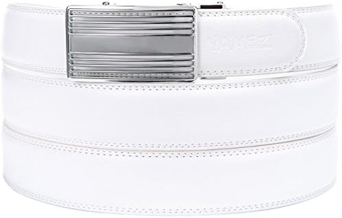YAMEZI Men's White Leather Contracted Ratchet Dress Belt with Automatic Buckle