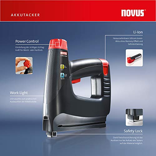 Novus Akku-Tacker J-214 im Koffer, Elektrotacker, 3.6 V Akku, LED-Arbeits-Licht, Schlagkraftregelung, Unterlademechanik – Bild 3
