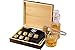 Whiskey Stones - Set of 8 Titanium Gold Plated Stainless Steel Chilling Rocks Stored In A Premium Handmade Quality Wood Gift Box - Velvet Freezing Bag And Tong Included
