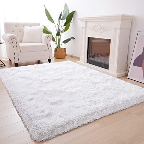 Vocrite White Fluffy Rug for Living Room, 4'x6' Cozy Shag Area Rug, Non