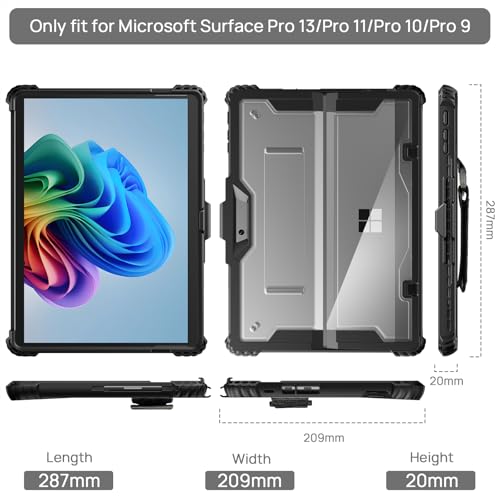 Gerutek Shockproof Case for Microsoft Surface Pro 13"/Pro 11/Pro 10/Pro 9 (2026/2024/2022), Heavy Duty Case Compatible with Stand, Type Cover Keyboard, Bragonne and Shoulder Strap, Pen Holder, Clear