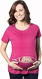 Maternity Peeking Caucasian Baby Girl Cute Bow Pregnancy HOT PINK Tee