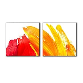 2 Panel Square Canvas Wall Art - Abstract Red and Yellow Ink Strokes - Giclee Print Gallery Wrap Modern Home Art Ready to Hang - 12"x12" x 2 Panels