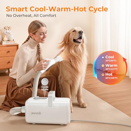 Pecute Poodle Dog Pulser with Hot and Cold Cycle Modes, Dog Hair Dryer, Professional Dog Blower, Adjustable Speed and Temperature, 4 Nozzles