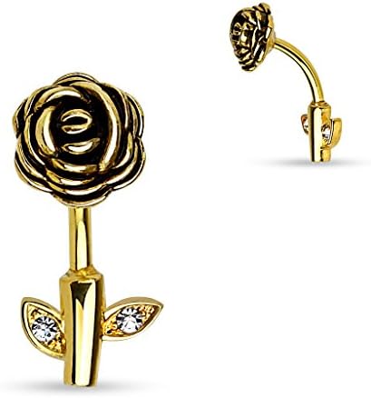 TrybeLife Rose Stem Belly Button Ring With Crystal Inset Leaves. (Gold)