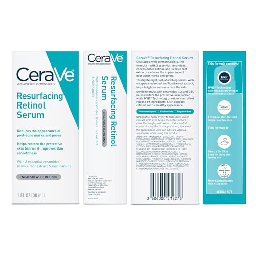 CERAVE RESURFACING RETINOL SERUM FOR POST ACNE MARKS, FORMULATED WITH LICORICE ROOT EXTRACT & NIACINAMIDE, BRIGHTENING SERUM & PORE MINIMIZER FOR FACE, POST ACNE SKIN BARRIER REPAIR, NON-COMEDOGENIC