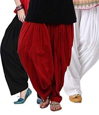 Women's Cotton Traditional Patiala Salwar 100% Cotton Free Size (black-white-maroon)