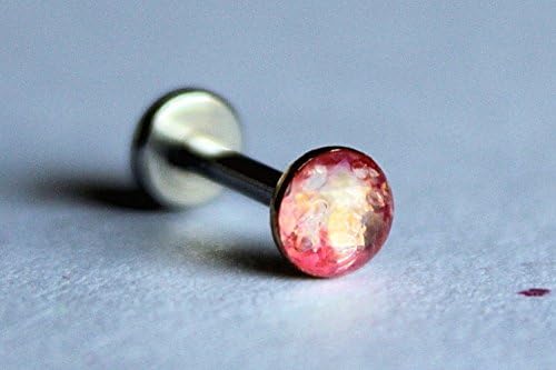 18g or 16g: Opalescent Cerise Pink Internally Threaded Labret Stud: 1.5mm, 2mm, 2.5mm, 3mm, 4mm, 5mm Gem Sizes; 5/32" (4mm), 1/4" (6mm), 5/16" (8mm), 3/8" (10mm), 15/32" (12mm); 316L Surgical Steel