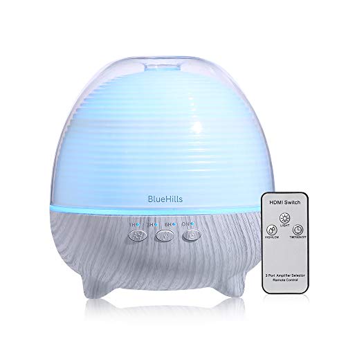 BlueHills Premium Essential Oil Diffuser with Remote Cute Aromatherapy Humidifier Large Capacity Coverage Area for Home Room Office Spa Long 12 hour Run Timer Mood Lights – White Wood Grain-S01-600ML