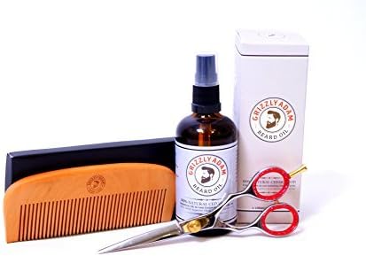 Beard Care Kit for Men - Top Rated Beard Care Products - All Natural Beard Oil, Beard Scissors and Beard Comb Ideal for Grooming Badass Beards and Moustache by GRIZZLY ADAM