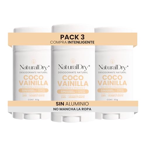 NaturalDry Desodorante Natural que SÍ FUNCIONA | Delicioso aroma Coco Vainilla | Sin Aluminio | Sin Parabenos | Desodorante Mujer | No macha la ropa | Protege del mal olor hasta 24 Horas | 50 G (3 Unidades)