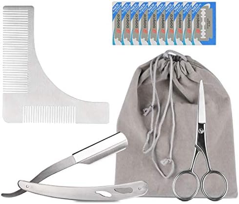Gray Straight Razor, FreeQueen Men's Facial Hairline Symmetric Lines and Trim with Shaping Template Comb, Professional Straight Edge Razor and Scissor for Beard Trimming Grooming(Include 10PCS Blades)