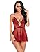 Avidlove Women Deep V Halter Lingerie Lace Babydoll Mesh Chemise Sleepwear Dark Red S