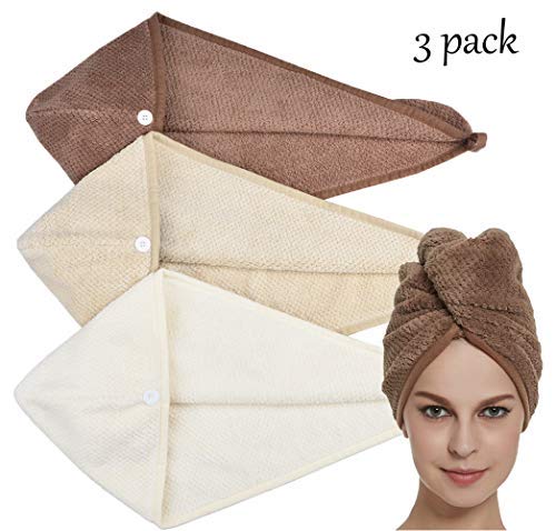 HOPESHINE Hair Drying Towels Wrap Twist Microfiber Women's Soft Shower Hair Turban Wrap Towel Drying Cap Great Gift for Women and Girls (3-Pack,Brown+Khaki+Off White)