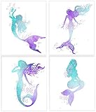 Barri Design Mermaid Poster Mermaid Canvas Wall Art Prints Painting Decoration Pictures Watercolor Poster Mermaids Wall Decor Girls Room Wall Art Kids Room Decor (UNFRAMED)