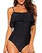 Funnygirl Womens Solid Color Swimsuit Flounce Off Shoulder with Removable Strap one Piece Ruffles Beach Swimwear Bathing Suit Black Medium