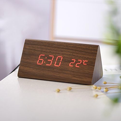 Wood Personal Alarm Clock, Accering LED Wooden Alarm Digital Dual Power Desk Clock, Voice Control, Display Time, Date, Week, Temperature and Humidity, Brown