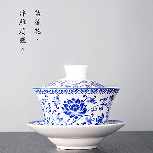 Chinese Porcelain Teacups 6.7oz Gaiwan Flower Tureen Tradition Sancai Cover Bowl Lip Cup Saucer Tea Set for Loose Tea Espresso (200ml Blue lotus)