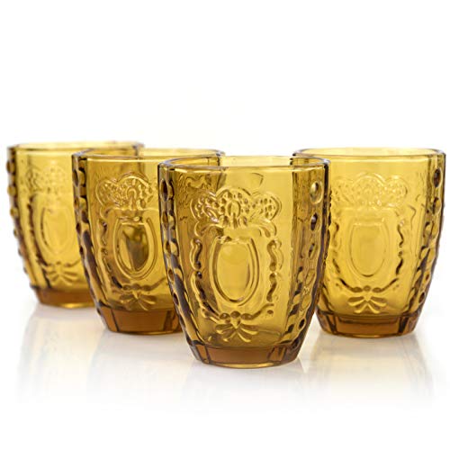 Drinking Glasses Gift, Premium Heavy Vintage Embossed Romantic Water Glassware, 12oz Lead Free Amber Glass Sets of 4 Tumbler Christmas Holiday Decor Gift