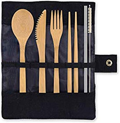 tesyyke Eco-Friendly Reusable Bamboo Cutlery Set Fork Spoon Chopsticks Metal Straw Cleaning Brush Kit