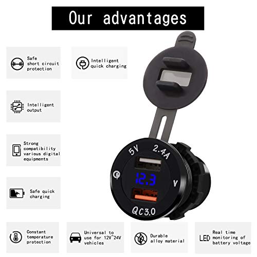 ShinePick Upgraded Aluminum Alloy Quick Charge 3.0 USB Charger Socket & 2.4A USB Port IP66 Waterproof Dual USB Power Outlet with Voltmeter for Car Boat Marine Rv Motorcycle(Blue)