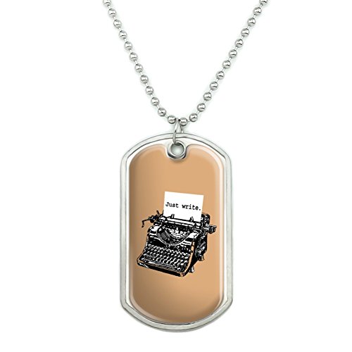 Just Write Antique Typewriter Writer Author Military Dog Tag Pendant Necklace with Chain