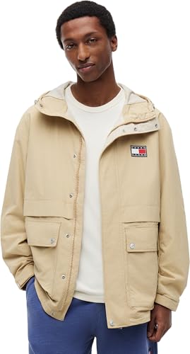 Tommy Jeans Men's Windbreaker Jacket Flag Colour Block Windcheater with Hood, Beige (Gentle Gold), M