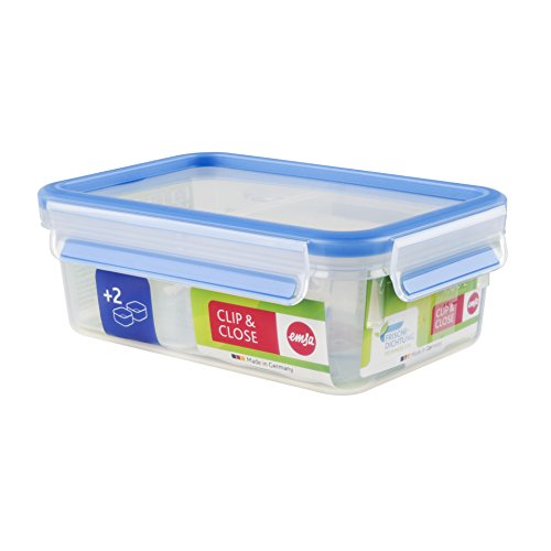 Emsa Clip and Close Storage Rectangle Container with 2 Inserts, 34-Ounce, Blue