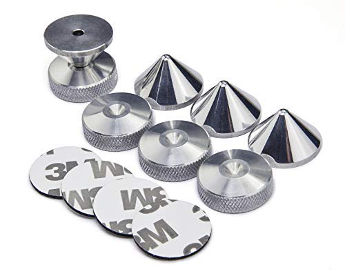 PrecisionGeek - Speakers Spikes and Pads Set, Silver Aluminium, Cones 20mm diameter, Pads 20mm diameter with side decorative knurling, Adhesive Pads included