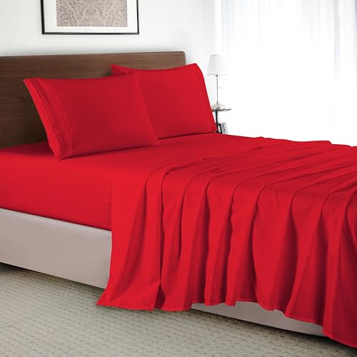 Elegant Comfort Luxury 4-Piece Bed Sheet Set - Luxury Bedding 1500 Premium Hotel Quality Microfiber, Wrinkle Resistant Cool & Breathable, Easy Elastic Fitted, King, Red