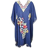 Mogul Interior Women Blue Caftan Dress Embellished Beach Bikini Short Cover Up Kaftan One Size