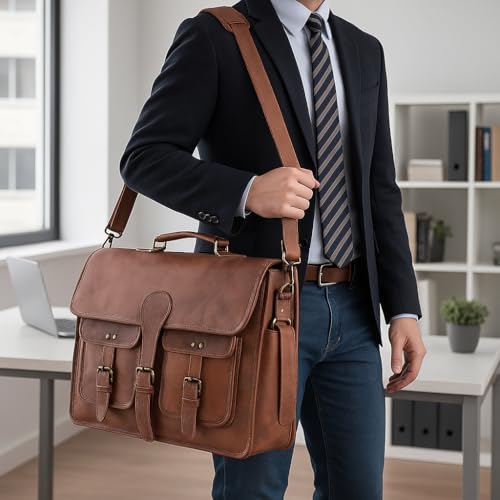 Leather Messenger Bag for Men and Women 18 inch Large Vintage Leather Briefcase Laptop Shoulder Bag Unisex Crossbody Messenger Satchel for Office, Business, Work, Travel