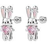 20g Rabbit Pink Heart CZ Flat Screw Back Small Stud Earrings for Women Titanium Steel Silver Plated Cute Sparkly Crystal Enamel Bow Bunny Lovely Animal Tragus Helix Piercing Studs Easter Jewelry