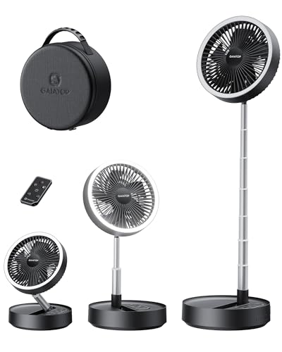 Gaiatop Portable Pedestal Fan 16000mAh Battery [Max 74h Runtime], Foldable Oscillating Standing Fan, Collapsible Desk Fans, LED Light, Case & Remote Control, 4 Speeds for Outdoor Travel Camping Office