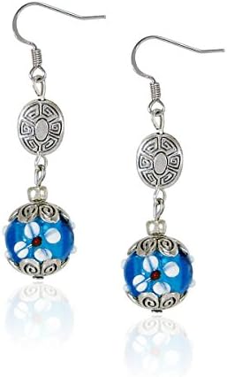 Handcrafted Flower Design Carved Women Fashion Blue and White Earrings, Filigree Dangle Earrings