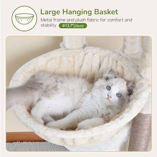 Globlazer Beige Cat Tree Large 188 cm Height with 2 Kennels, Large Padded Platform, Soft Basket, Plush Toys, Solid Cat Trees for 3-4 Adult Cats Rest Game Scratching (F74B, Beige)