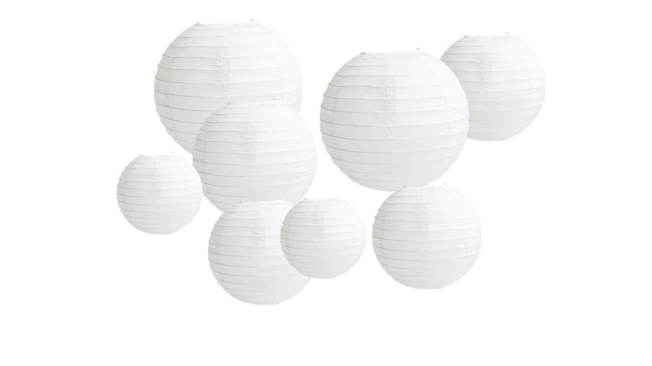 8 PCS Paper Lanterns, Round White Paper Lantern with Wire Ribbing, Different Sized White Lampshades, 4" 6" 8" 10" Paper Lampshades for Weddings, Parties, Celebrations, Patios and Rooms