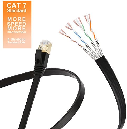Cat 7 Ethernet Cable 10 ft Flat - Shielded 10GB Cat7 Slim Ethernet Patch cord - Fastest Internet RJ45 wire short for Modem, Router, LAN, Computer, PS4 - Higher speed than Cat 5e, Cat 6 Network - Black