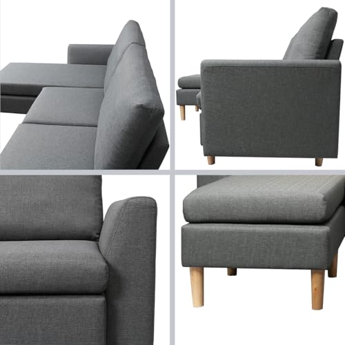 HOMA Fabric Sectional Sofa, L-Shape 3seat Sofa with Ottoman, Small Couch in Linen Fabric with Reversible Chaise, Apartment Couch for Small Space (Grey, 3seat+Ottoman)