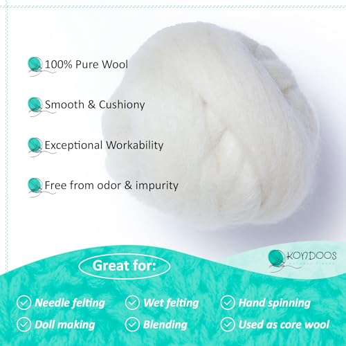 Kondoos Natural Wool roving, 8 OZ. Best for Needle Felting, handcrafts and Spinning. Natural Colours, un-Dyed. (White Ecru, 8 oz)